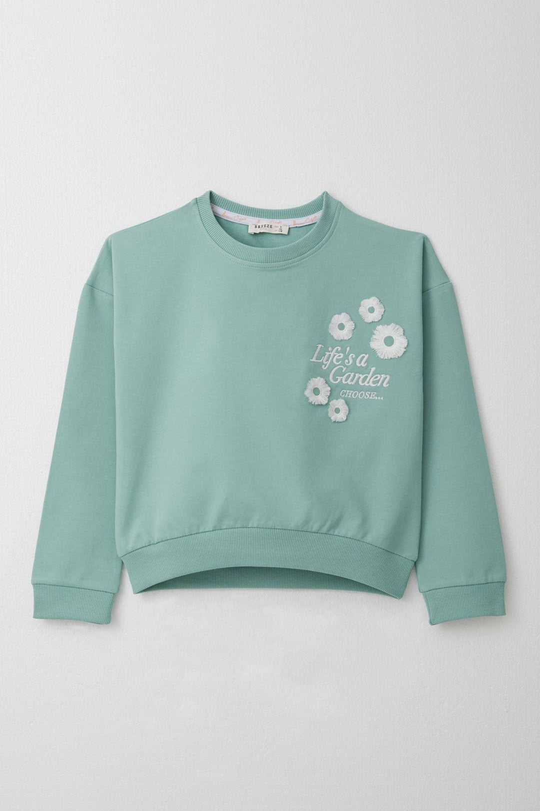 BRE Breeze Girl Child Tracksuit with Slogan Theme Fringed Flower Embroidered 4-9 Years, Aqua Green - Kearny