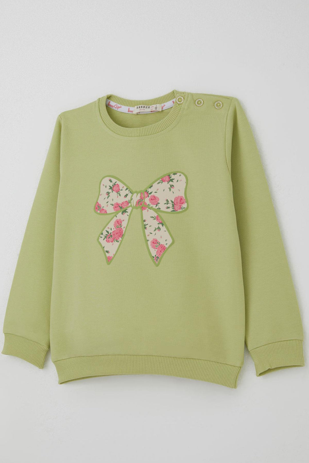 BRE Breeze Girl's Tracksuit Set with Bow Printed Pants Flower Patterned 1.5-5 Years, Pistachio Green - Brentwood