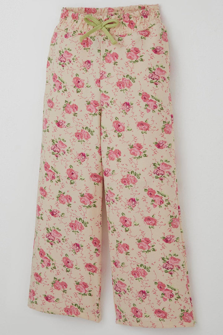 BRE Breeze Girl's Tracksuit Set with Bow Printed Pants Flower Patterned 1.5-5 Years, Pistachio Green - Brentwood