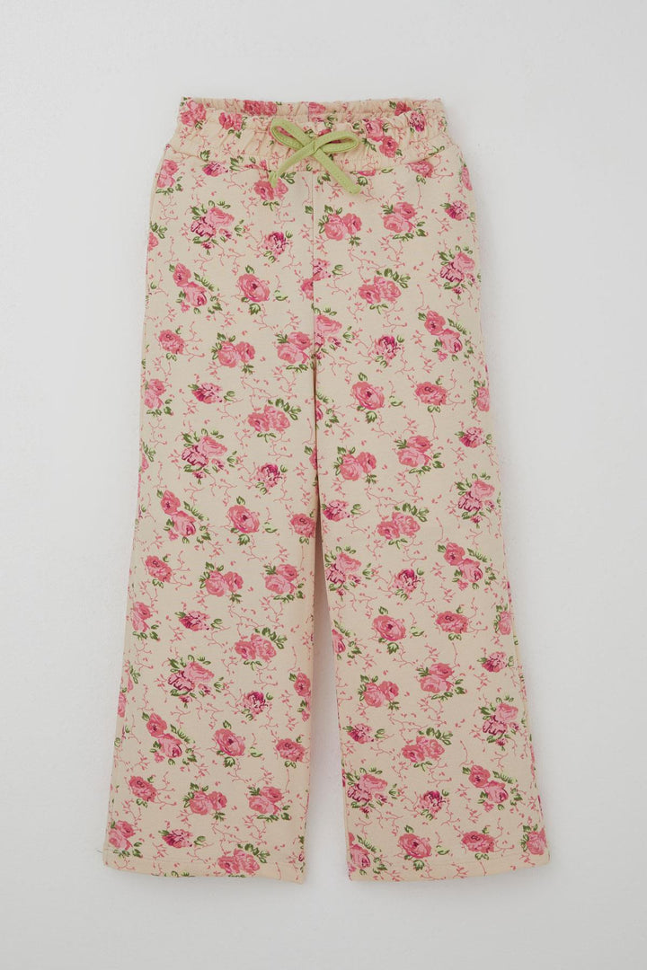 BRE Breeze Girl's Tracksuit Set with Bow Printed Pants Flower Patterned 1.5-5 Years, Pistachio Green - Brentwood