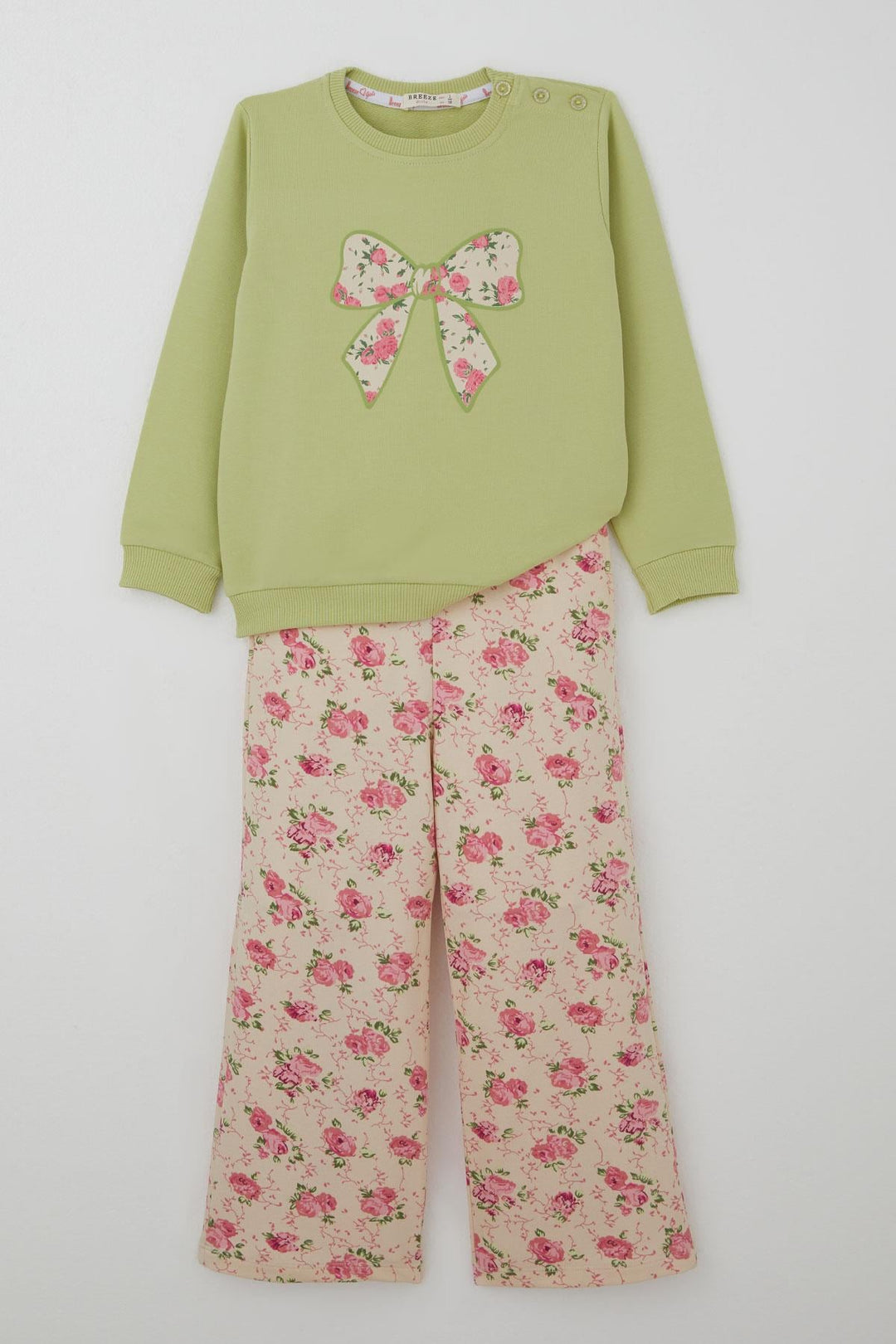 BRE Breeze Girl's Tracksuit Set with Bow Printed Pants Flower Patterned 1.5-5 Years, Pistachio Green - Brentwood