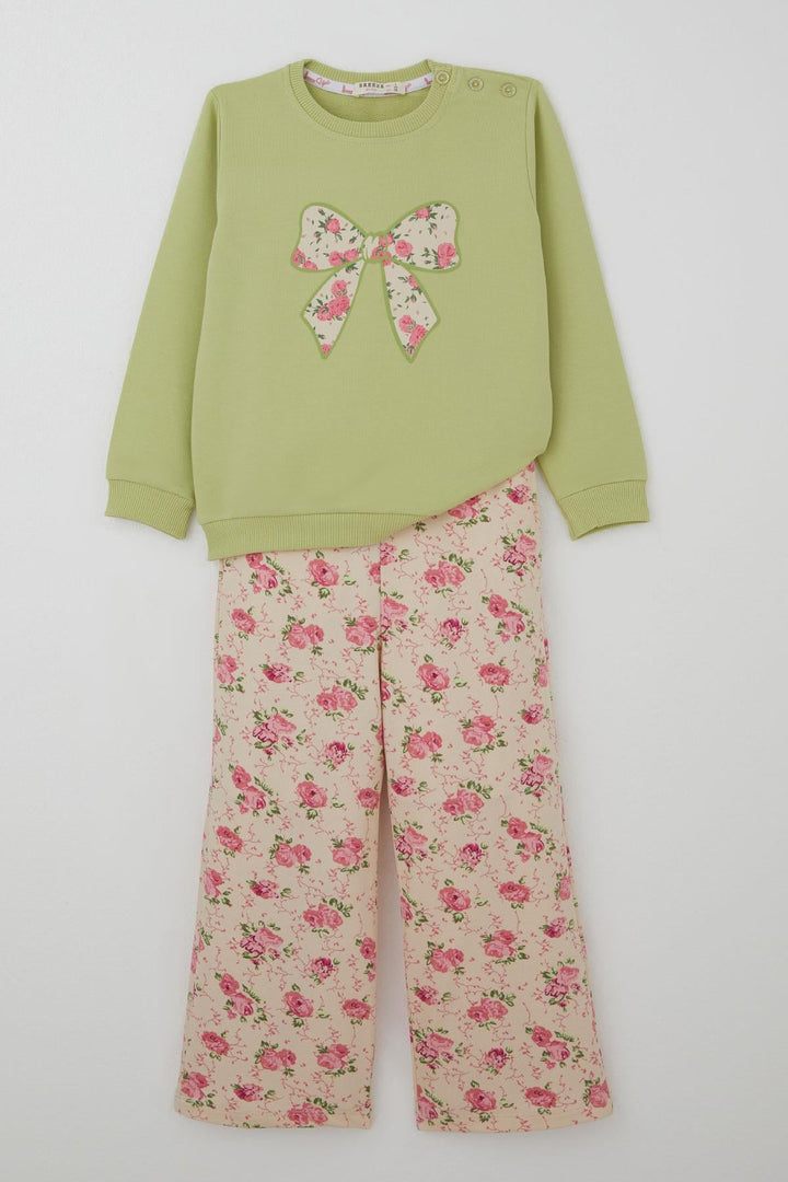 BRE Breeze Girl's Tracksuit Set with Bow Printed Pants Flower Patterned 1.5-5 Years, Pistachio Green - Brentwood