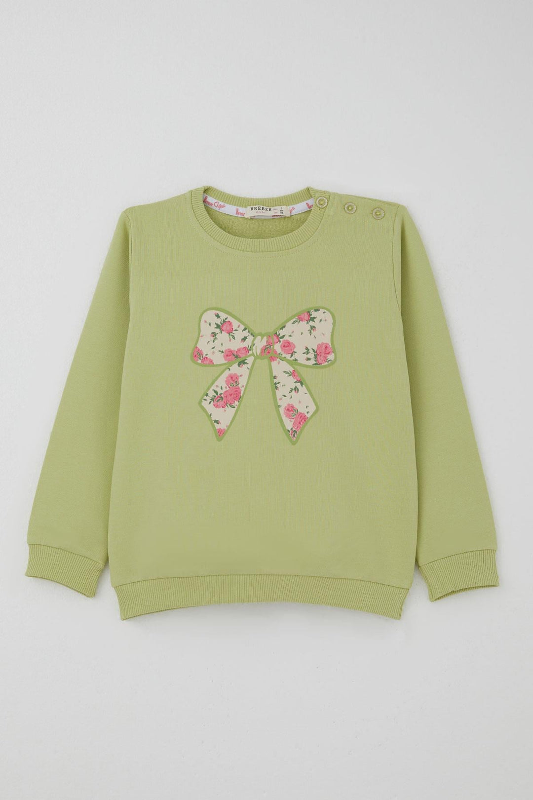 BRE Breeze Girl's Tracksuit Set with Bow Printed Pants Flower Patterned 1.5-5 Years, Pistachio Green - Brentwood