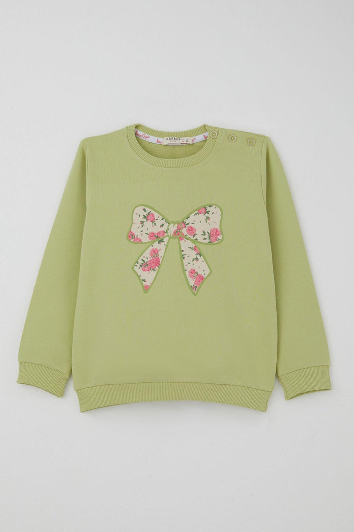 BRE Breeze Girl's Tracksuit Set with Bow Printed Pants Flower Patterned 1.5-5 Years, Pistachio Green - Brentwood