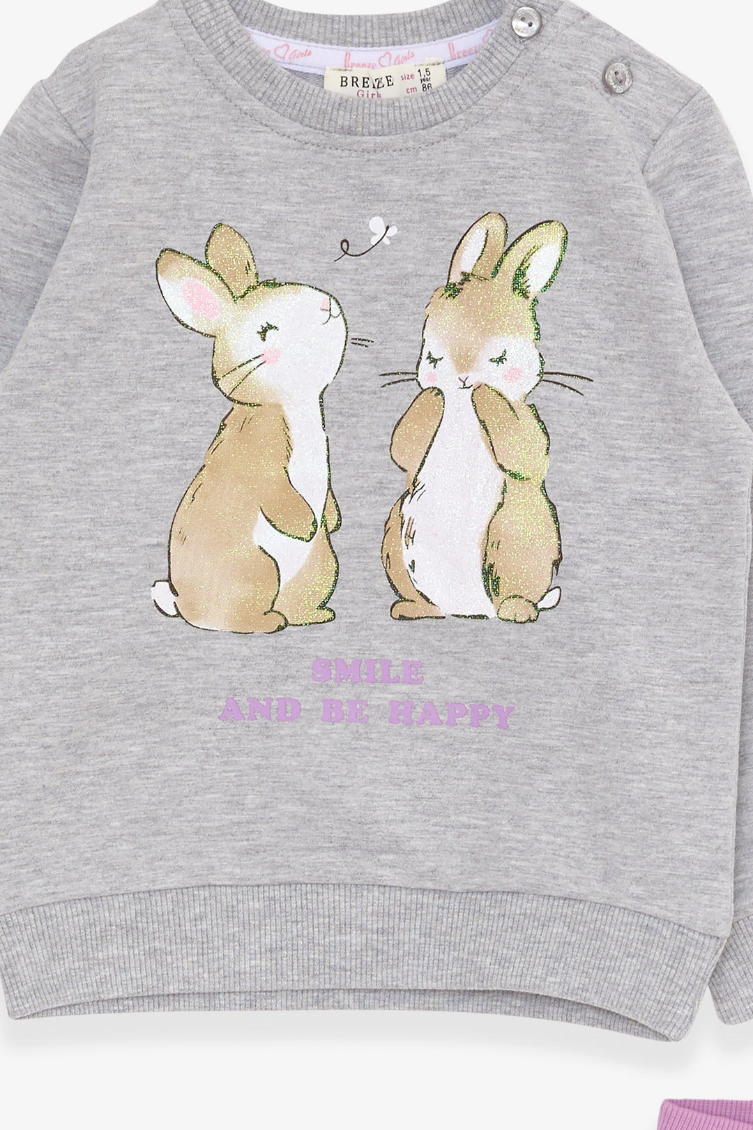 BRE Breeze Girl Child Tracksuit with Glittery Bunny Print 1.5-5 Years, Light Grey Melange - Round Lake Beach