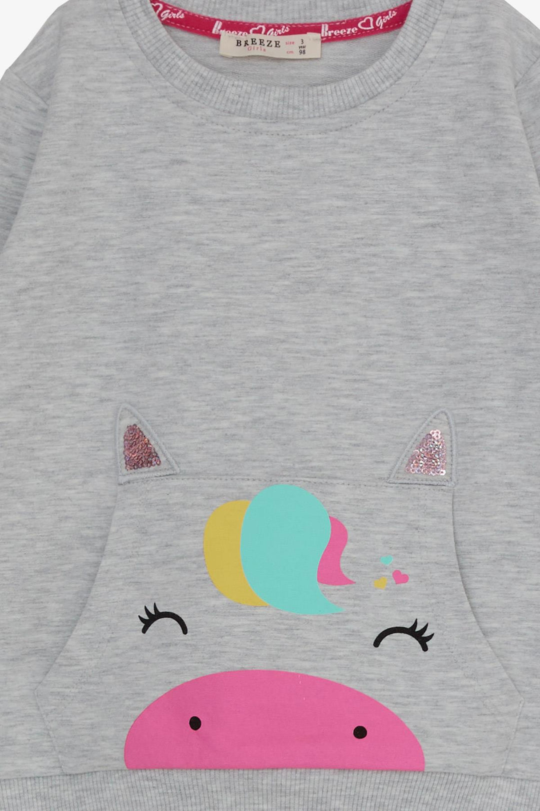BRE Breeze Girl Child Tracksuit Unicorn Printed 1-4 Years, Light Grey Melange - Miami
