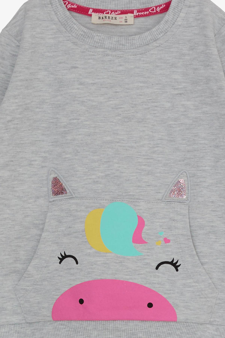 BRE Breeze Girl Child Tracksuit Unicorn Printed 1-4 Years, Light Grey Melange - Miami