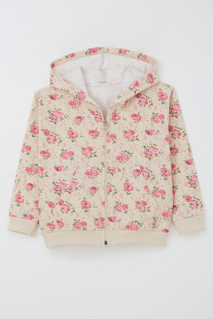 BRE Breeze Girl's Hooded Zippered Hoodie with Flower Pattern, 1.5-5 Years, Beige - Birkenhead