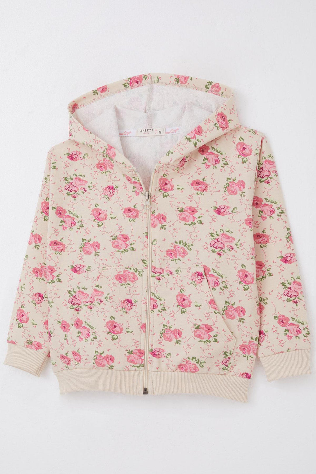 BRE Breeze Girl's Hooded Zippered Hoodie with Flower Pattern, 1.5-5 Years, Beige - Birkenhead