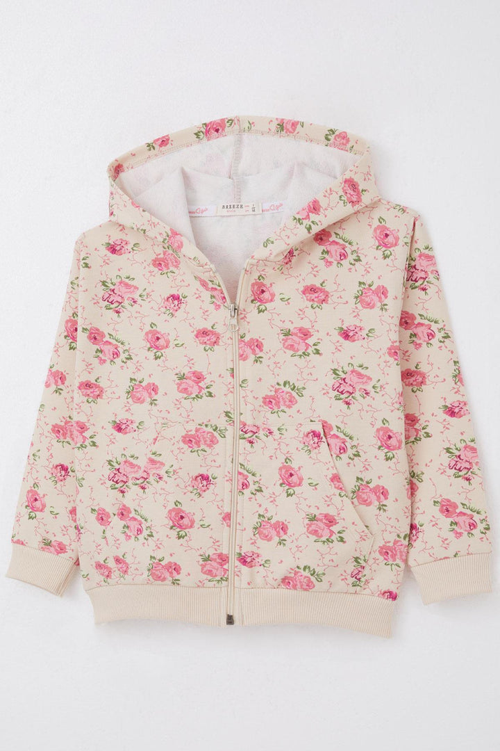 BRE Breeze Girl's Hooded Zippered Hoodie with Flower Pattern, 1.5-5 Years, Beige - Birkenhead