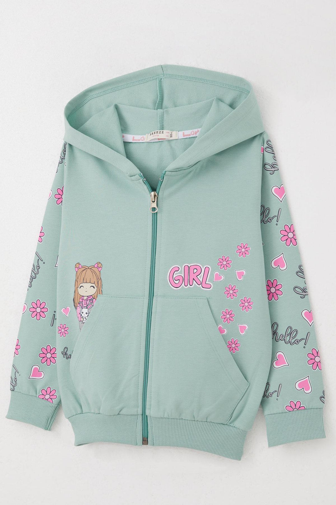 BRE Breeze Girl Child Cardigan Cute Girl Printed Sleeves Flower & Heart Patterned 1-4 Years, Aqua Green - Poole