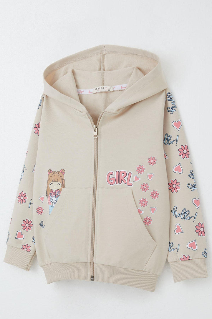 BRE Breeze Girl Child Cardigan Cute Girl Printed Sleeves Flower & Heart Patterned 1-4 Years, Beige - Roy
