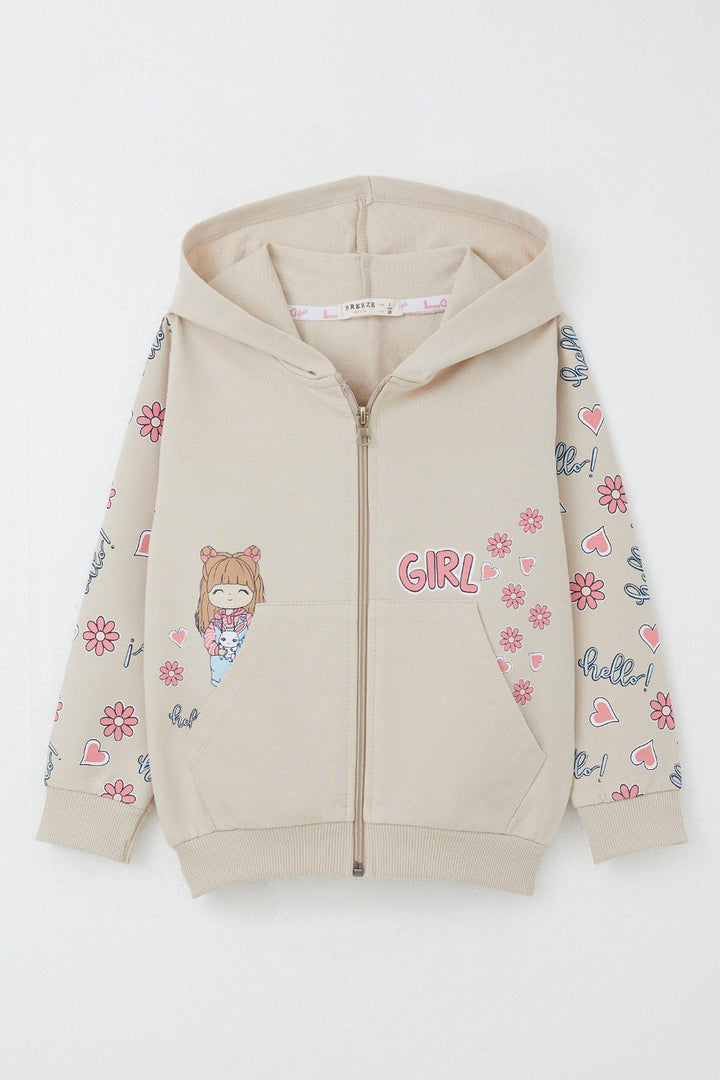 BRE Breeze Girl Child Cardigan Cute Girl Printed Sleeves Flower & Heart Patterned 1-4 Years, Beige - Roy