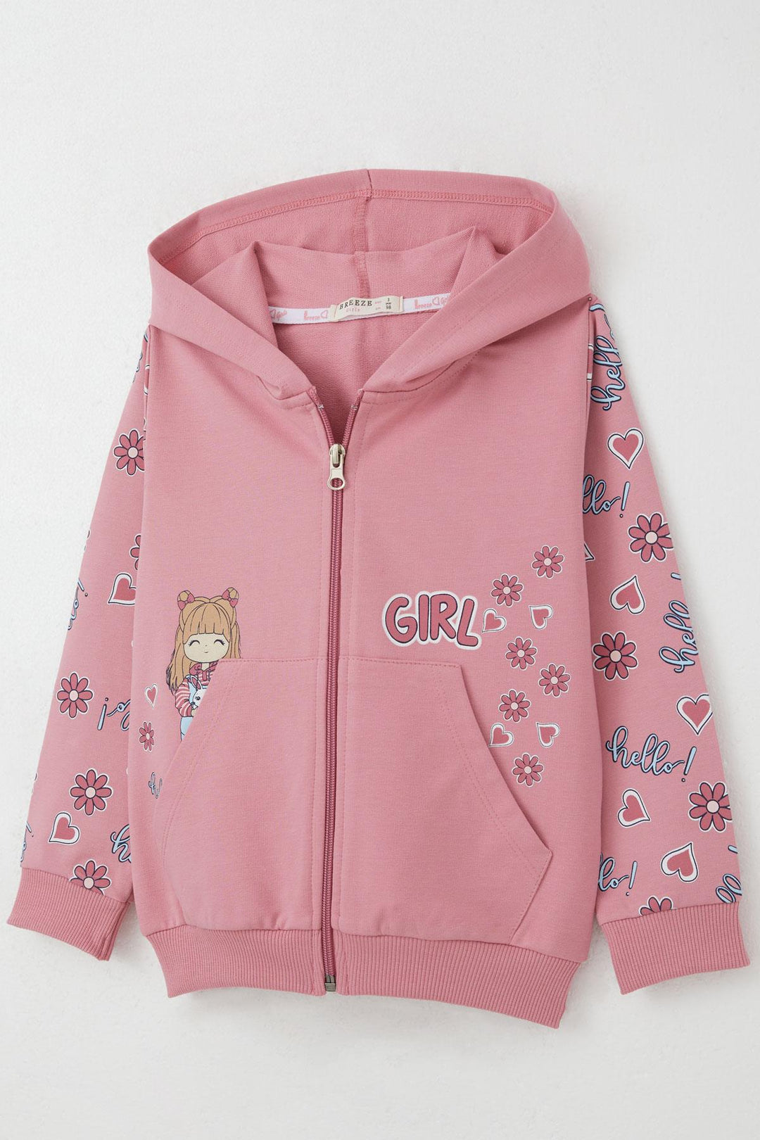 BRE Breeze Girl Child Cardigan Cute Girl Printed Sleeves Flower & Heart Patterned 1-4 Years, Rose Pink - Pioltello