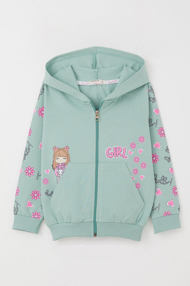 BRE Breeze Girl Child Cardigan Cute Girl Printed Sleeves Flower & Heart Patterned 1-4 Years, Aqua Green - Poole