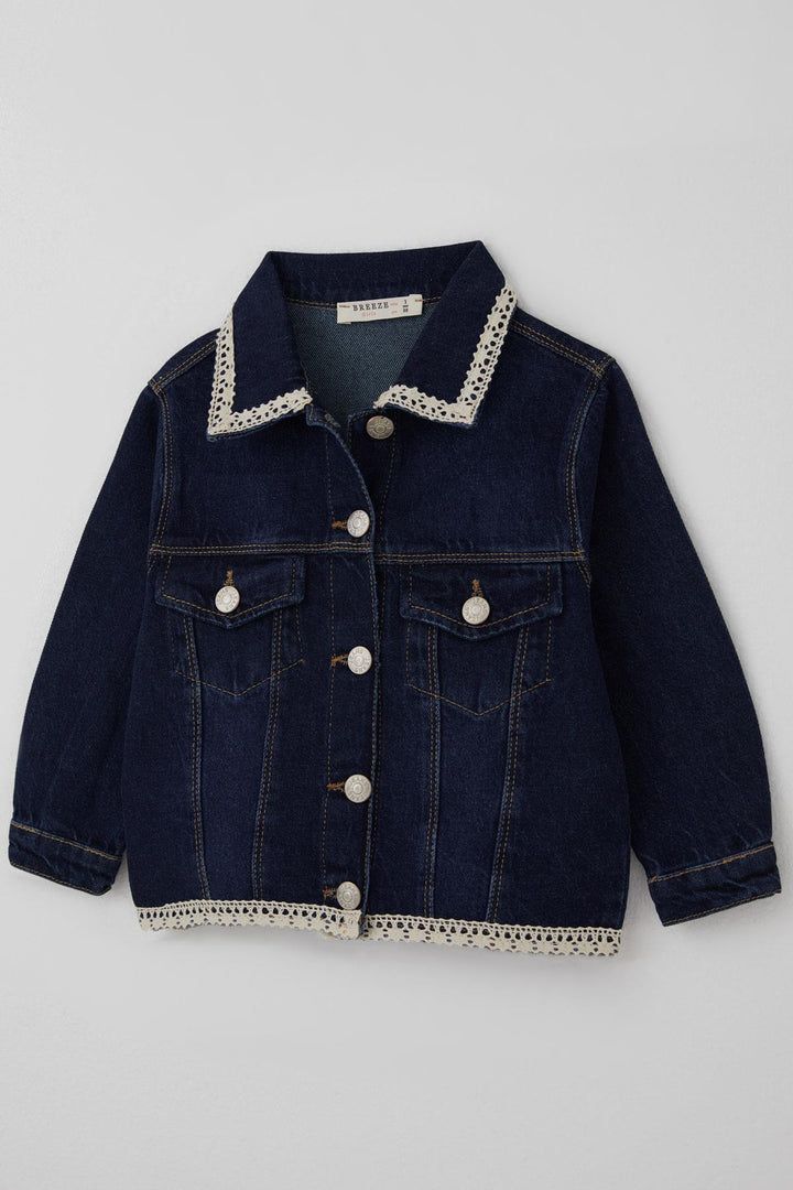 BRE Breeze Kız Çocuk Jean Ceket Yaka & Alt Kısmı Güpür Cep Kapak Detaylı 3-7 Yaş, Koyu Mavi - Conroe