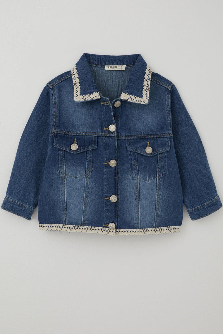 BRE Breeze Kız Çocuk Jean Ceket Yaka & Alt Kısmı Güpür Cep Kapak Detaylı 3-7 Yaş, Mavi - Maastricht