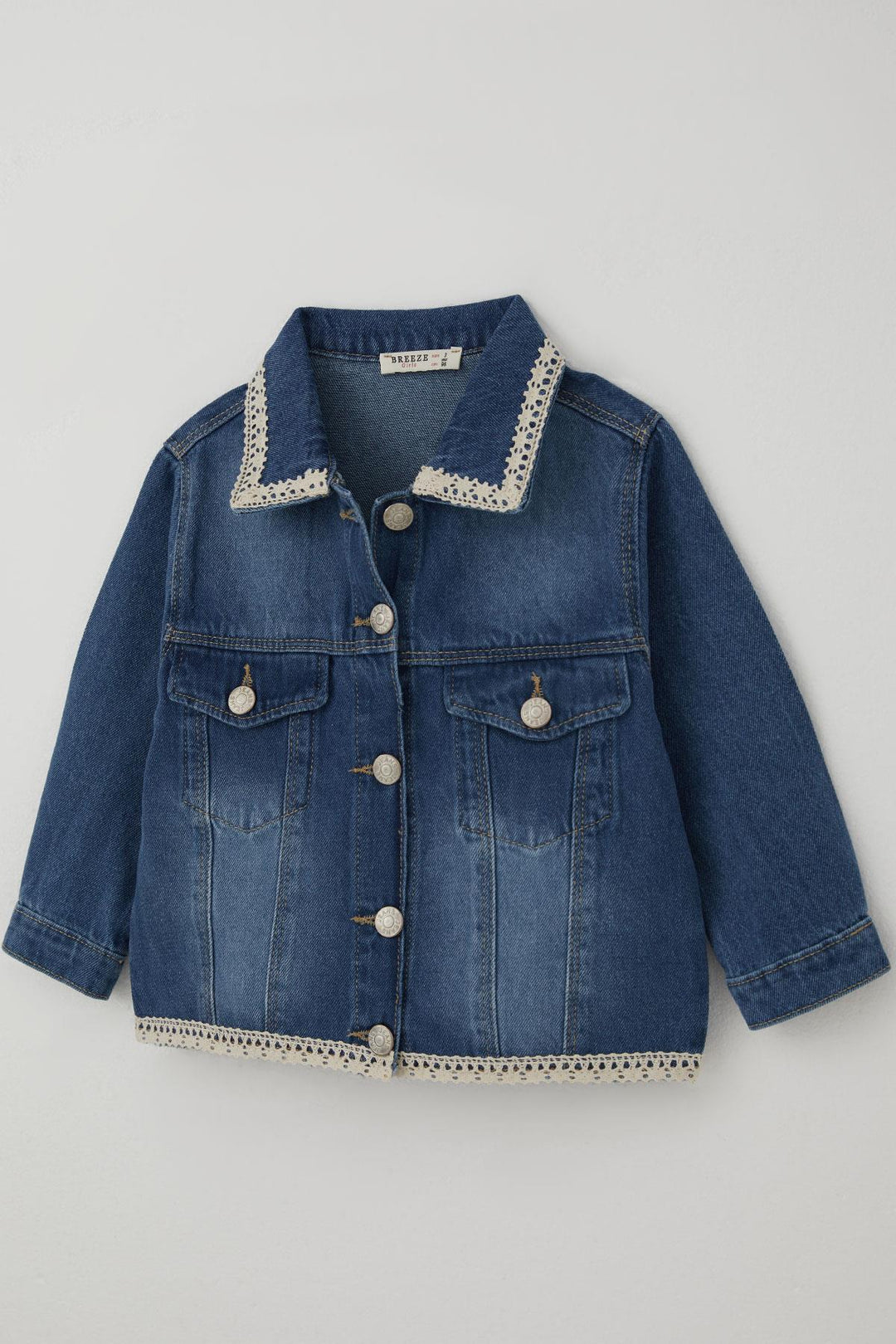BRE Breeze Kız Çocuk Jean Ceket Yaka & Alt Kısmı Güpür Cep Kapak Detaylı 3-7 Yaş, Mavi - Maastricht