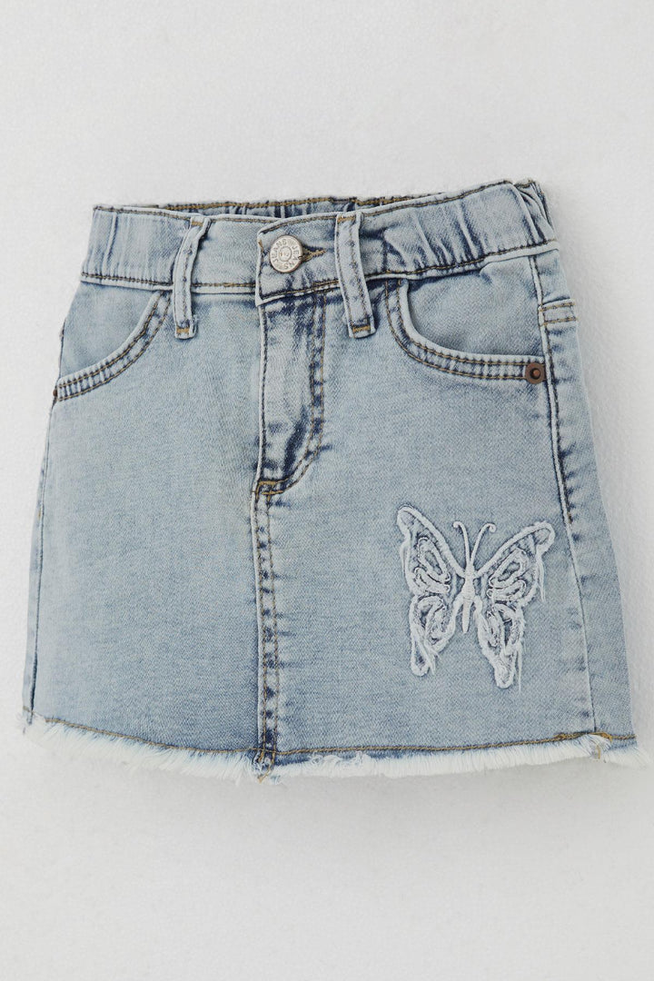 BRE Breeze Girl Child Denim Skirt with Butterfly Embroidery Button Detail 1.5-5 Years, Light Blue - Kortrijk