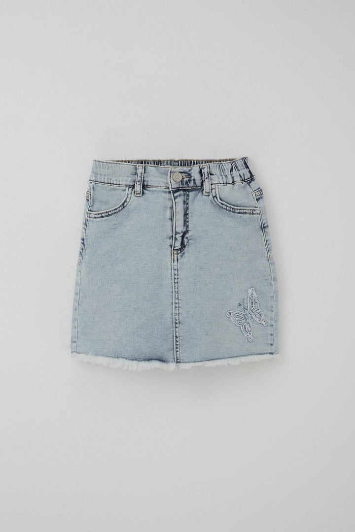 BRE Breeze Girl's Denim Skirt with Butterfly Embroidery and Button Detail, 60 Years, Light Blue - Petatlán