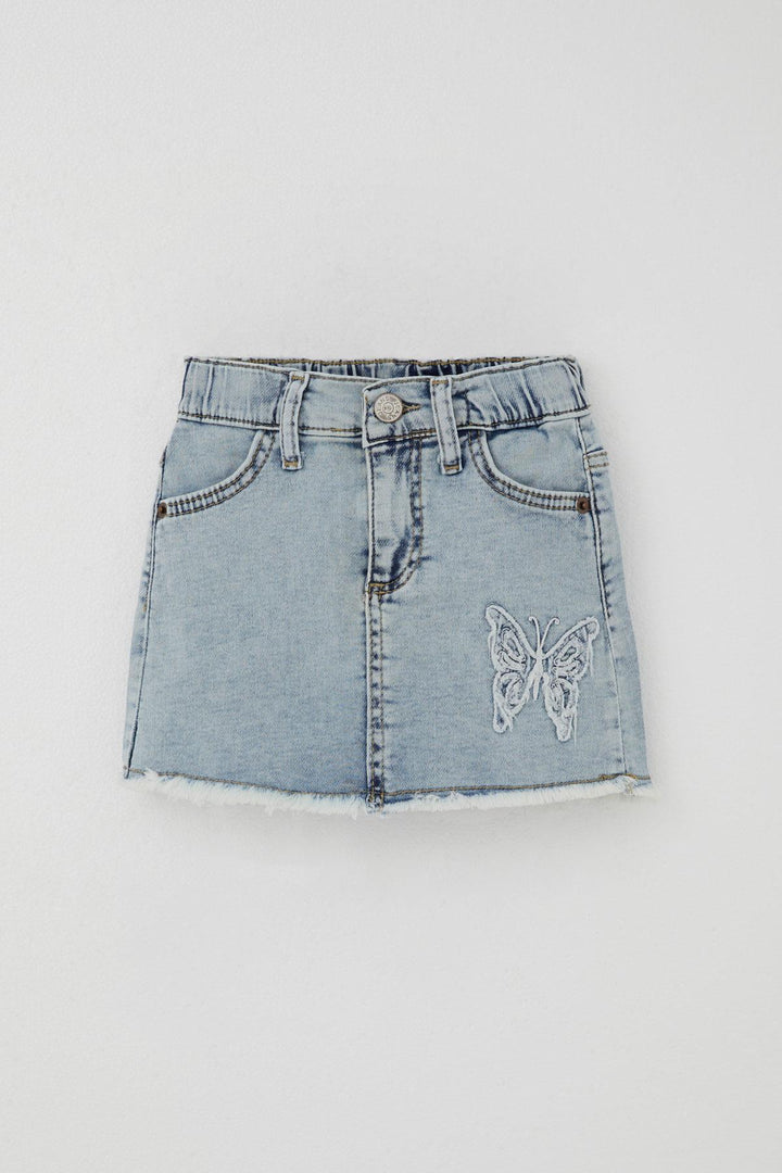 BRE Breeze Girl Child Denim Skirt with Butterfly Embroidery Button Detail 1.5-5 Years, Light Blue - Kortrijk