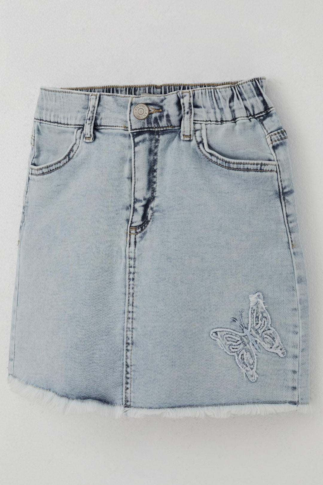 BRE Breeze Girl's Denim Skirt with Butterfly Embroidery and Button Detail, 60 Years, Light Blue - Petatlán