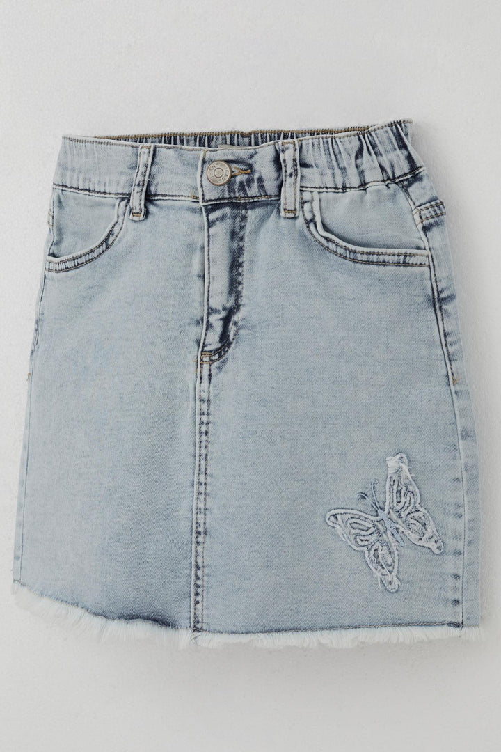 BRE Breeze Girl's Denim Skirt with Butterfly Embroidery and Button Detail, 60 Years, Light Blue - Petatlán