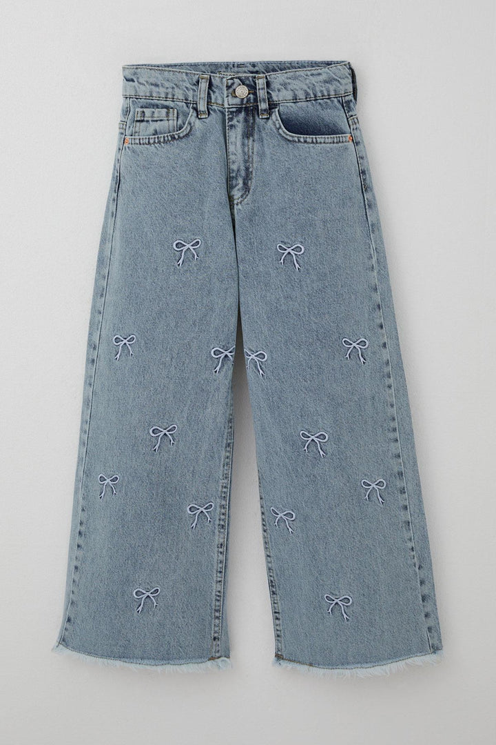 BRE Breeze Girl's Jeans with Bow Embroidery, Fringed Hem Detail, 82 Years, Light Blue - Lancaster