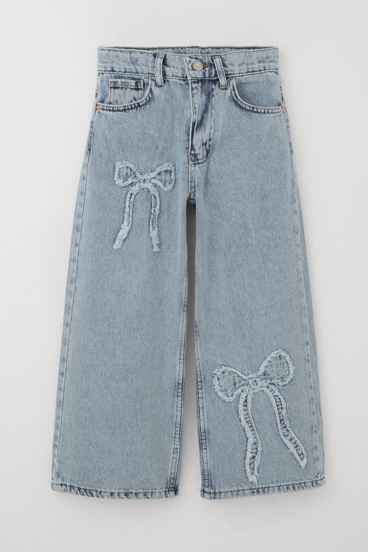 BRE Breeze Girl's Jeans with Bow Embroidery Wide Leg 84 Years, Light Blue - Downers Grove