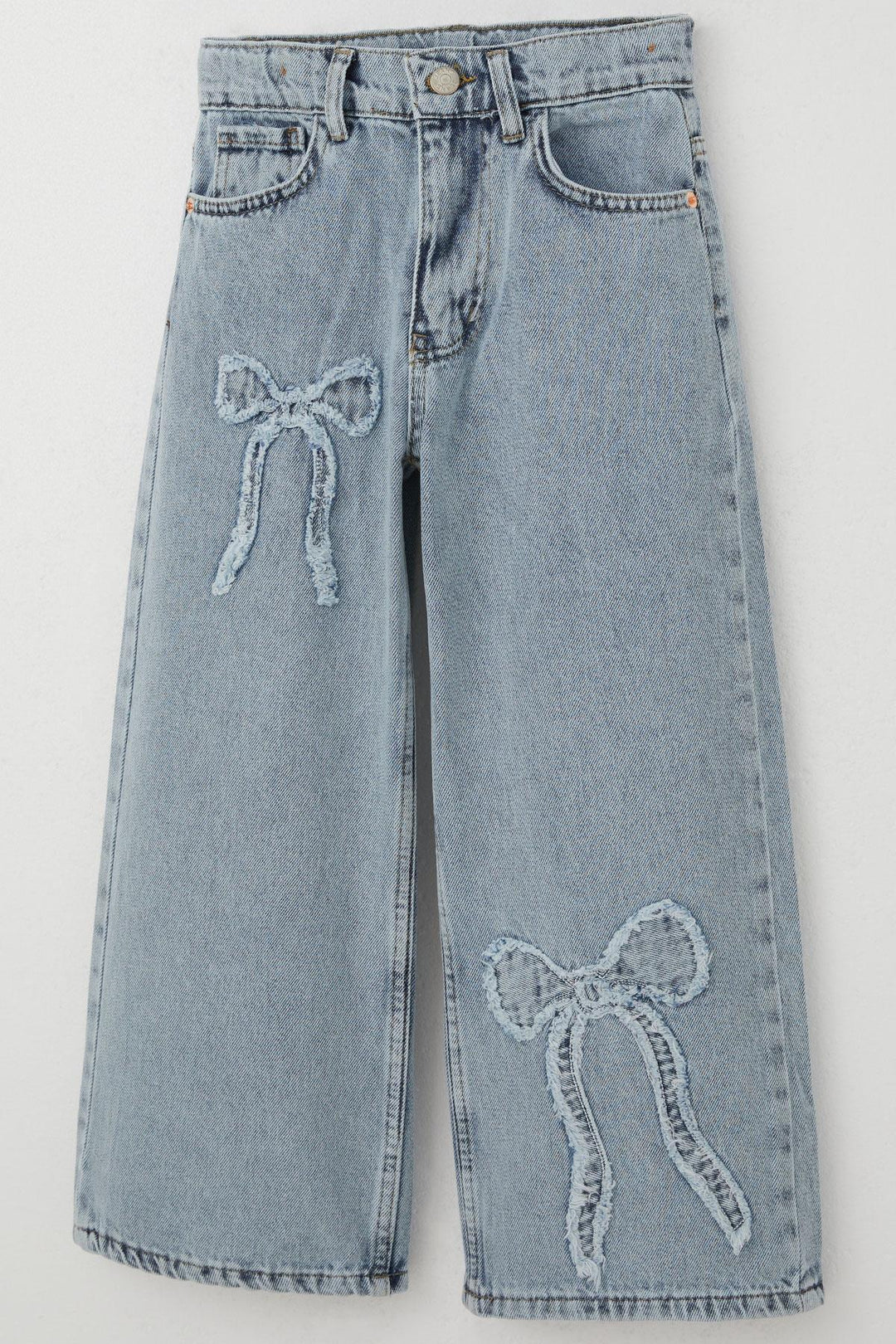 BRE Breeze Girl's Jeans with Bow Embroidery Wide Leg 84 Years, Light Blue - Downers Grove