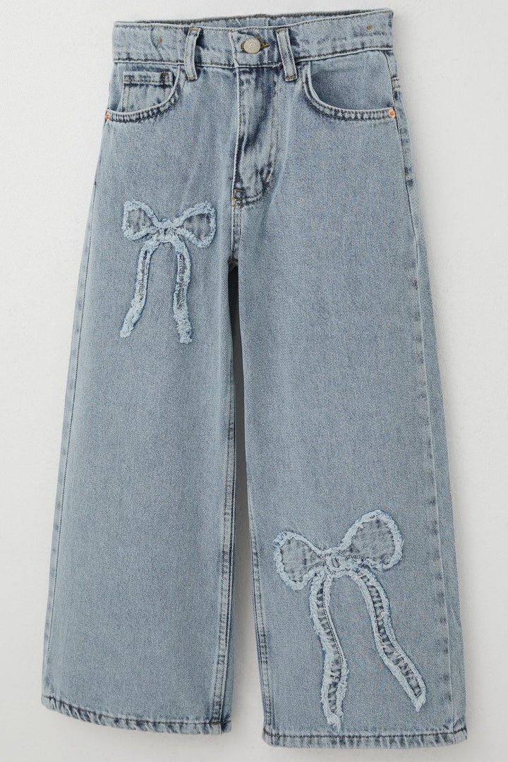 BRE Breeze Girl's Jeans with Bow Embroidery Wide Leg 84 Years, Light Blue - Downers Grove