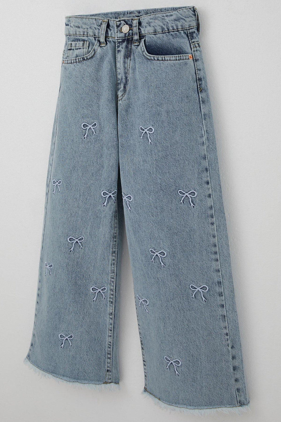 BRE Breeze Girl's Jeans with Bow Embroidery, Fringed Hem Detail, 82 Years, Light Blue - Lancaster
