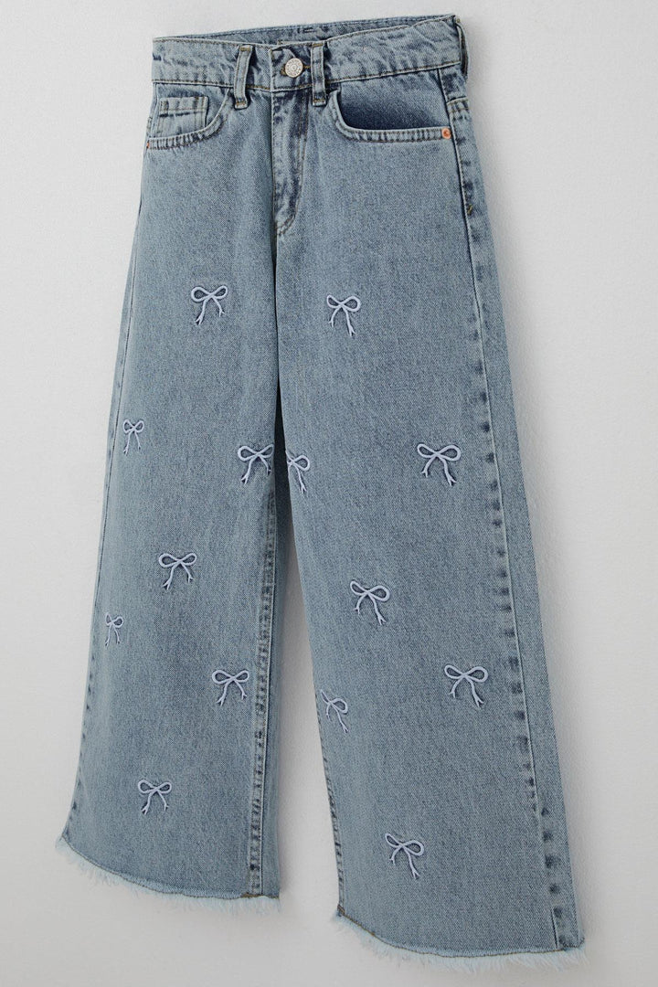 BRE Breeze Girl's Jeans with Bow Embroidery, Fringed Hem Detail, 82 Years, Light Blue - Lancaster