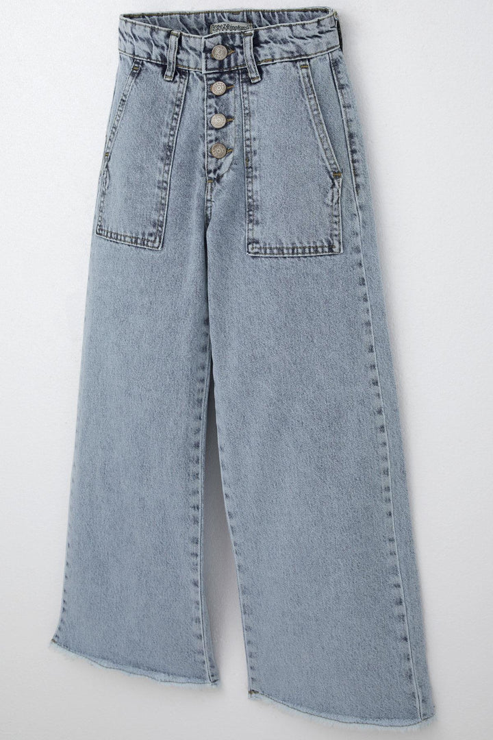 BRE Breeze Girl's Wide Leg Buttoned Hem Fringed Detail Jeans, Light Blue, 104 Years - Plano
