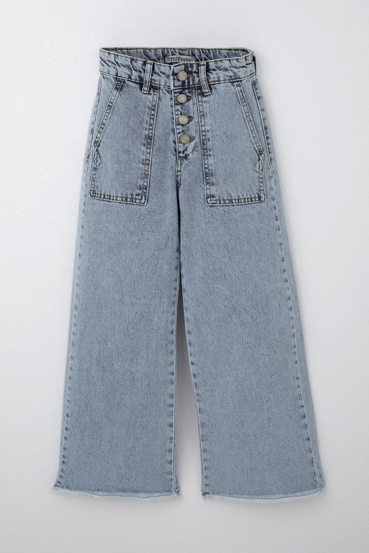 BRE Breeze Girl's Wide Leg Buttoned Hem Fringed Detail Jeans, Light Blue, 104 Years - Plano