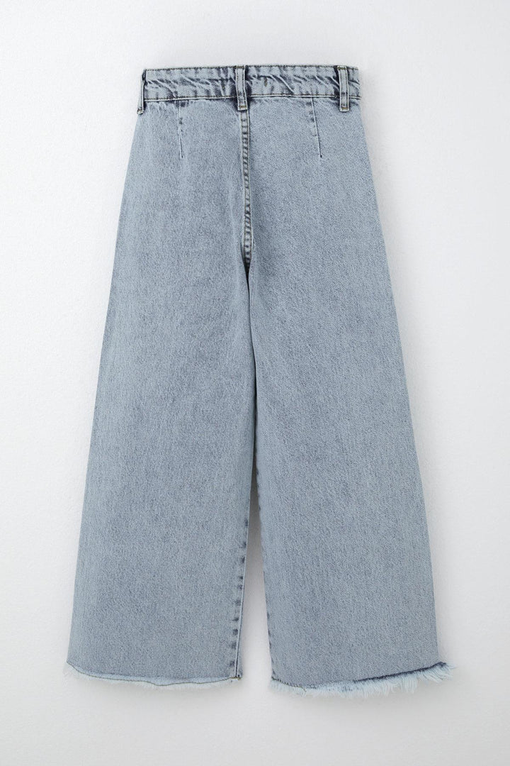 BRE Breeze Girl's Wide Leg Buttoned Hem Fringed Detail Jeans, 5-9 Years, Light Blue - Fajardo