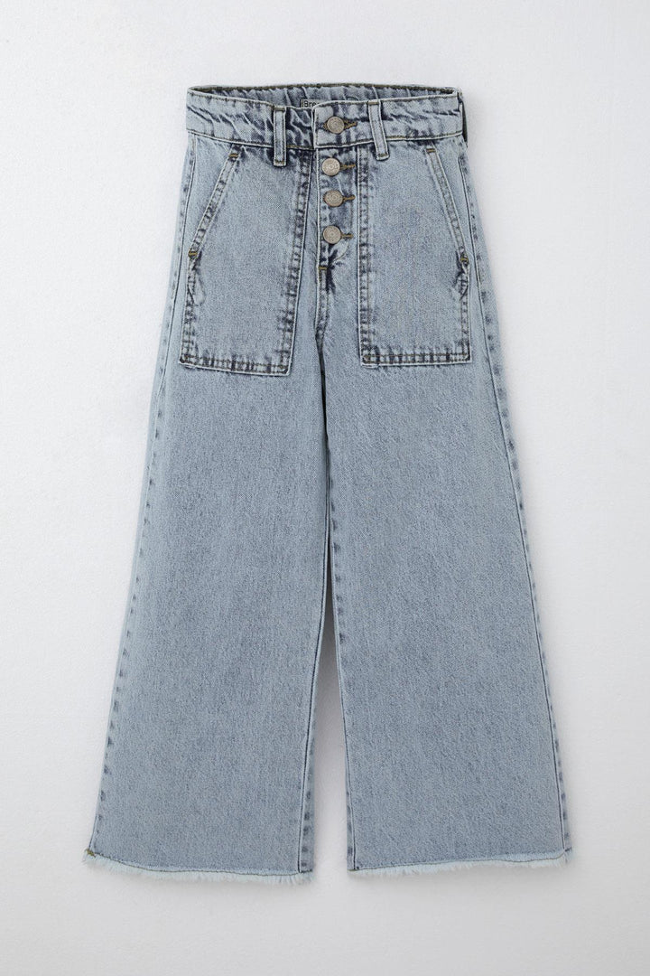 BRE Breeze Girl's Wide Leg Buttoned Hem Fringed Detail Jeans, 5-9 Years, Light Blue - Fajardo