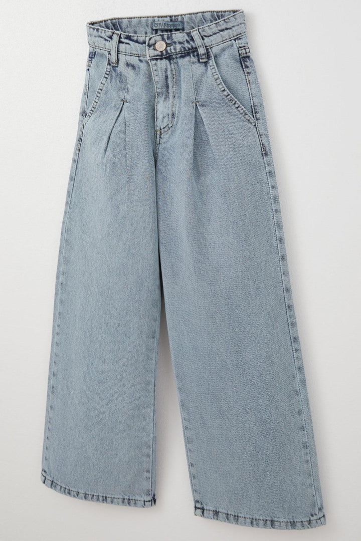 BRE Breeze Girl's Wide Leg Buttoned Jeans, 5-9 Years, Light Blue - Linares