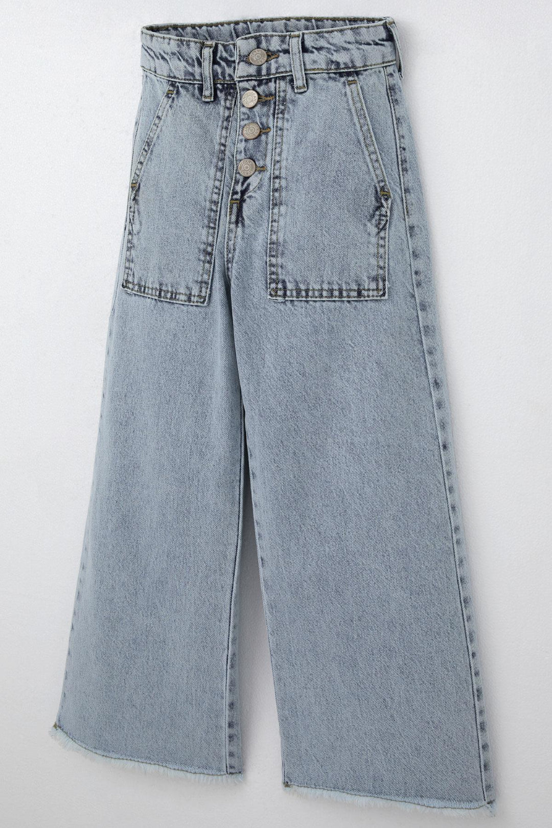 BRE Breeze Girl's Wide Leg Buttoned Hem Fringed Detail Jeans, 5-9 Years, Light Blue - Fajardo
