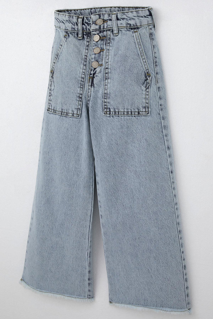 BRE Breeze Girl's Wide Leg Buttoned Hem Fringed Detail Jeans, 5-9 Years, Light Blue - Fajardo
