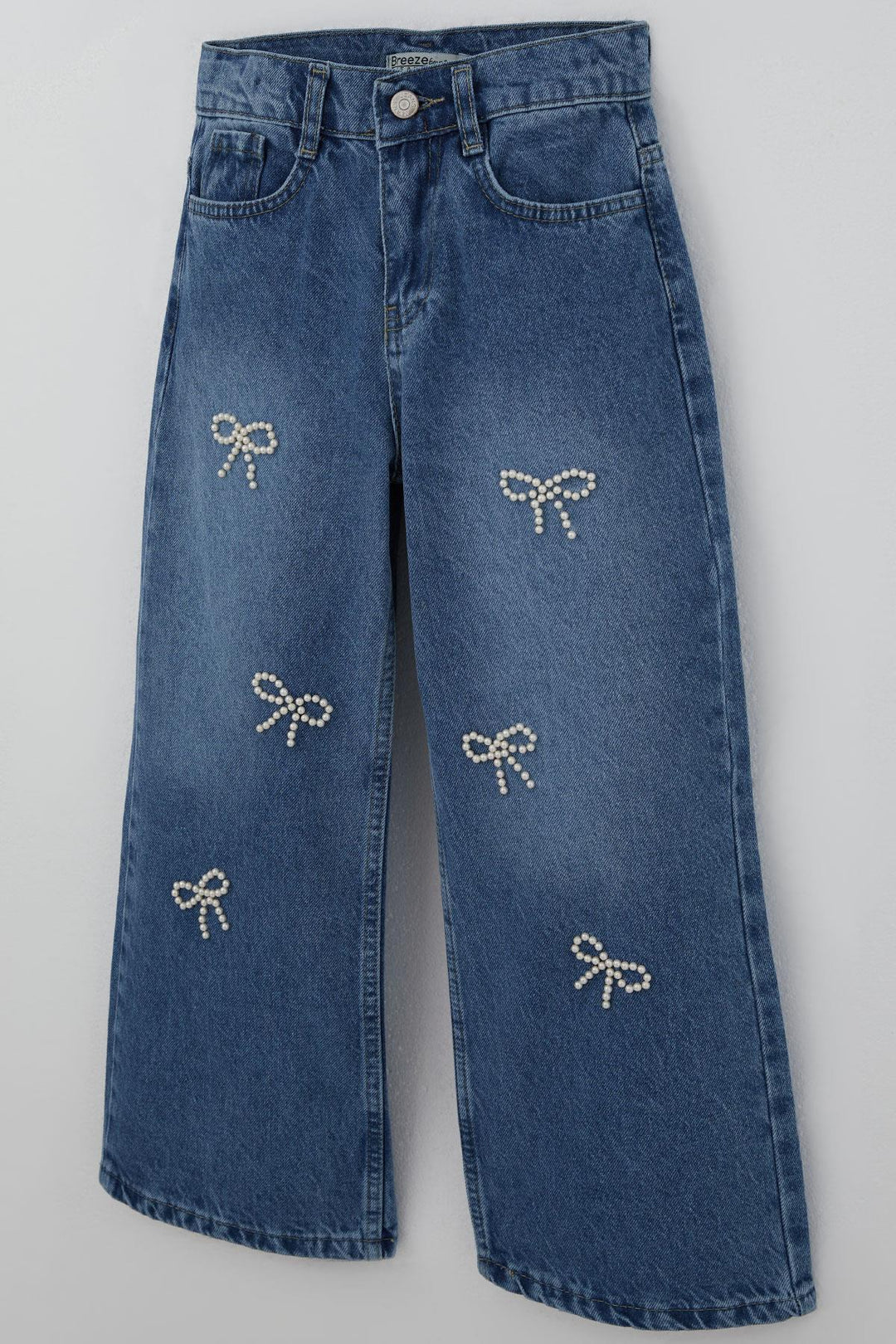 BRE Breeze Kız Çocuk Jean Pantolon İnci Detaylı Fiyonk İşlemeli 5-9 Yaş, Mavi - Wausau