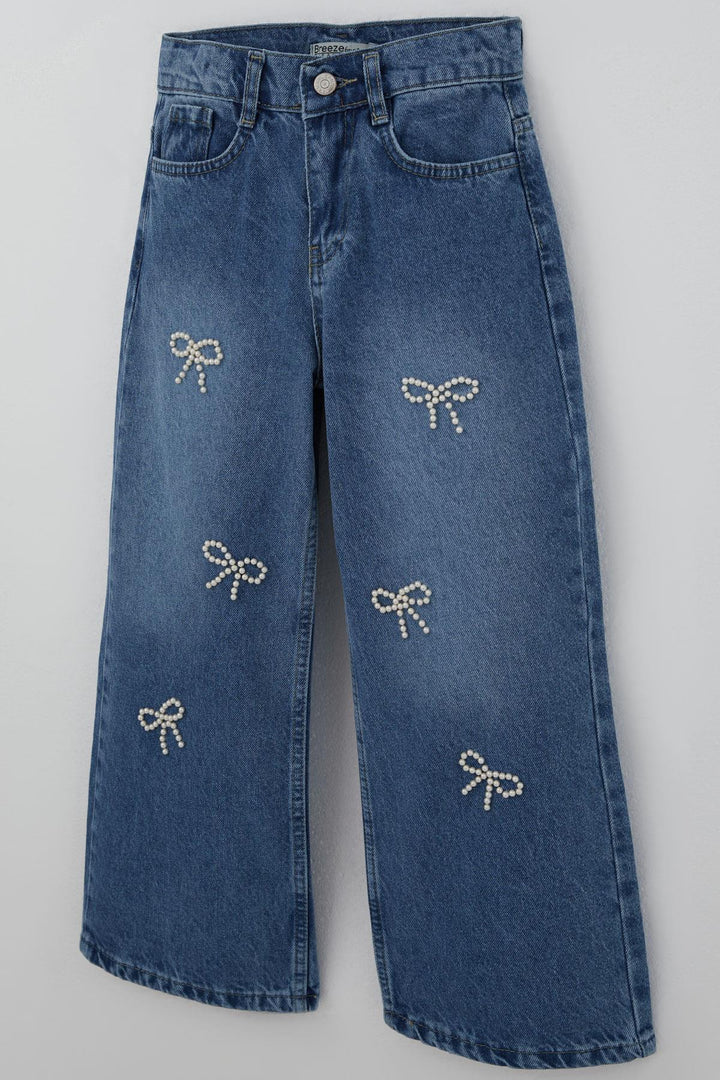 BRE Breeze Kız Çocuk Jean Pantolon İnci Detaylı Fiyonk İşlemeli 5-9 Yaş, Mavi - Wausau