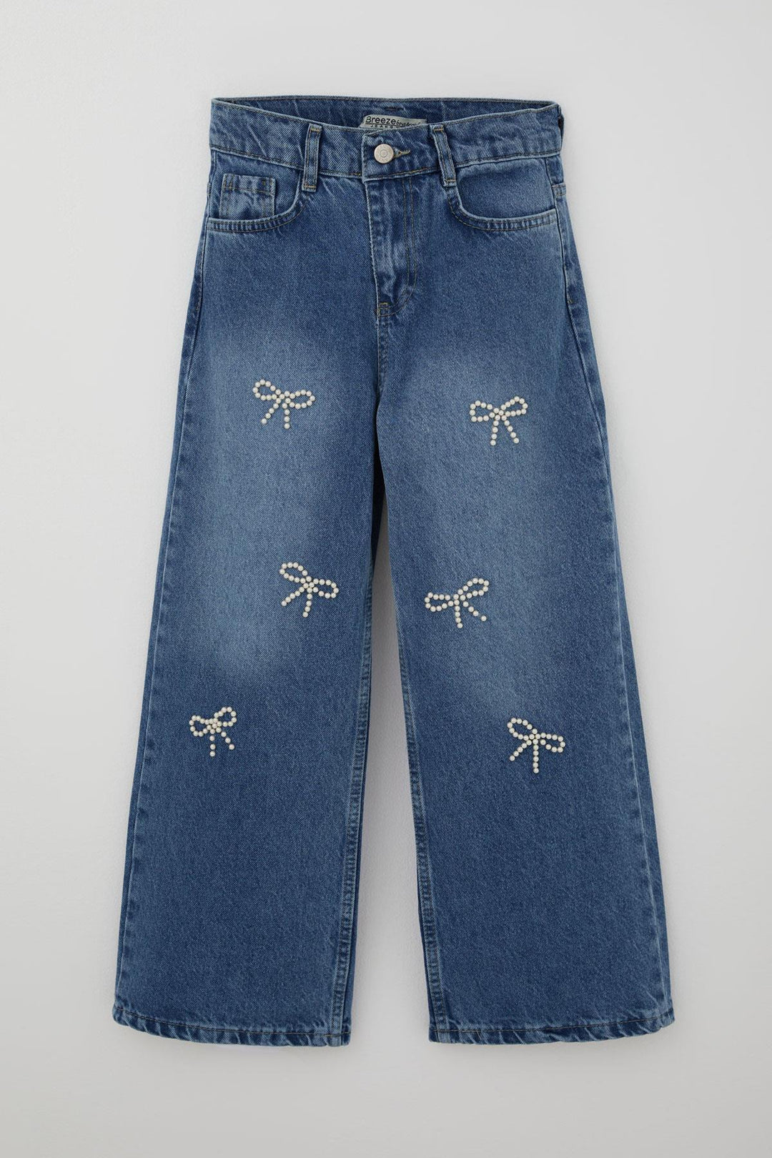 BRE Breeze Girl's Jeans with Pearl Detail and Bow Embroidery, 104 Years, Blue - Meriden