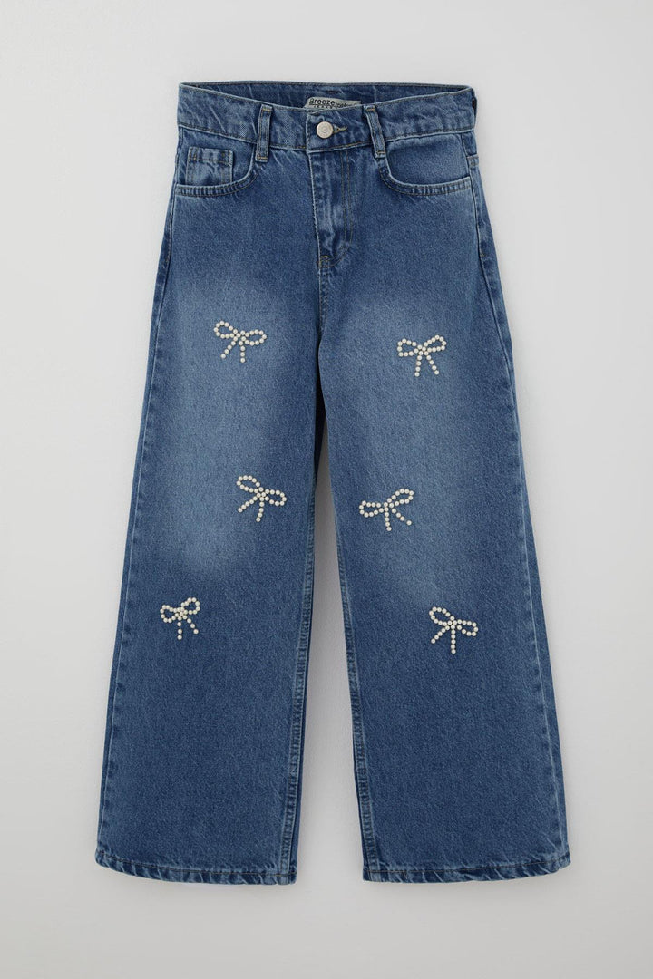 BRE Breeze Girl's Jeans with Pearl Detail and Bow Embroidery, 104 Years, Blue - Meriden