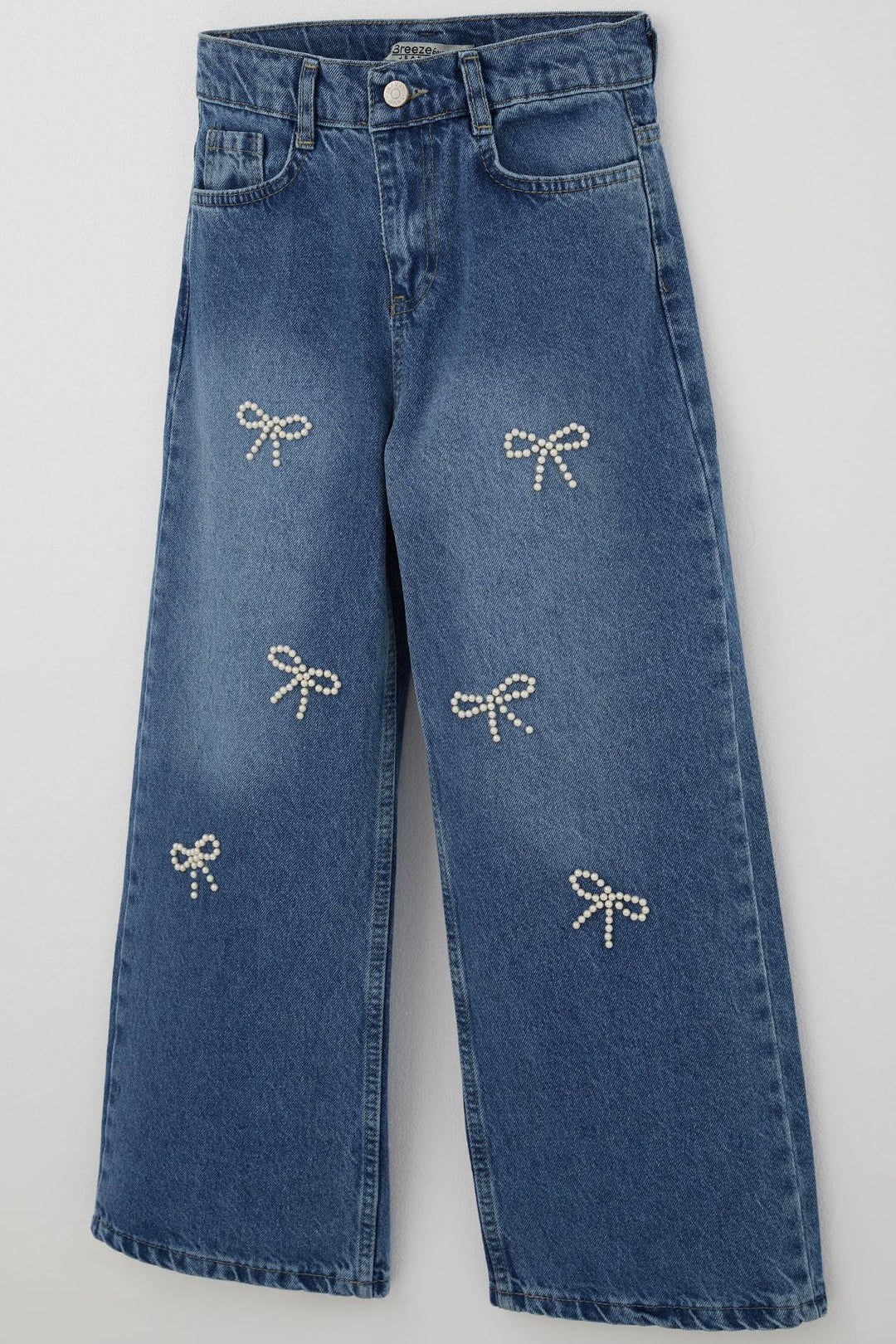 BRE Breeze Girl's Jeans with Pearl Detail and Bow Embroidery, 104 Years, Blue - Meriden