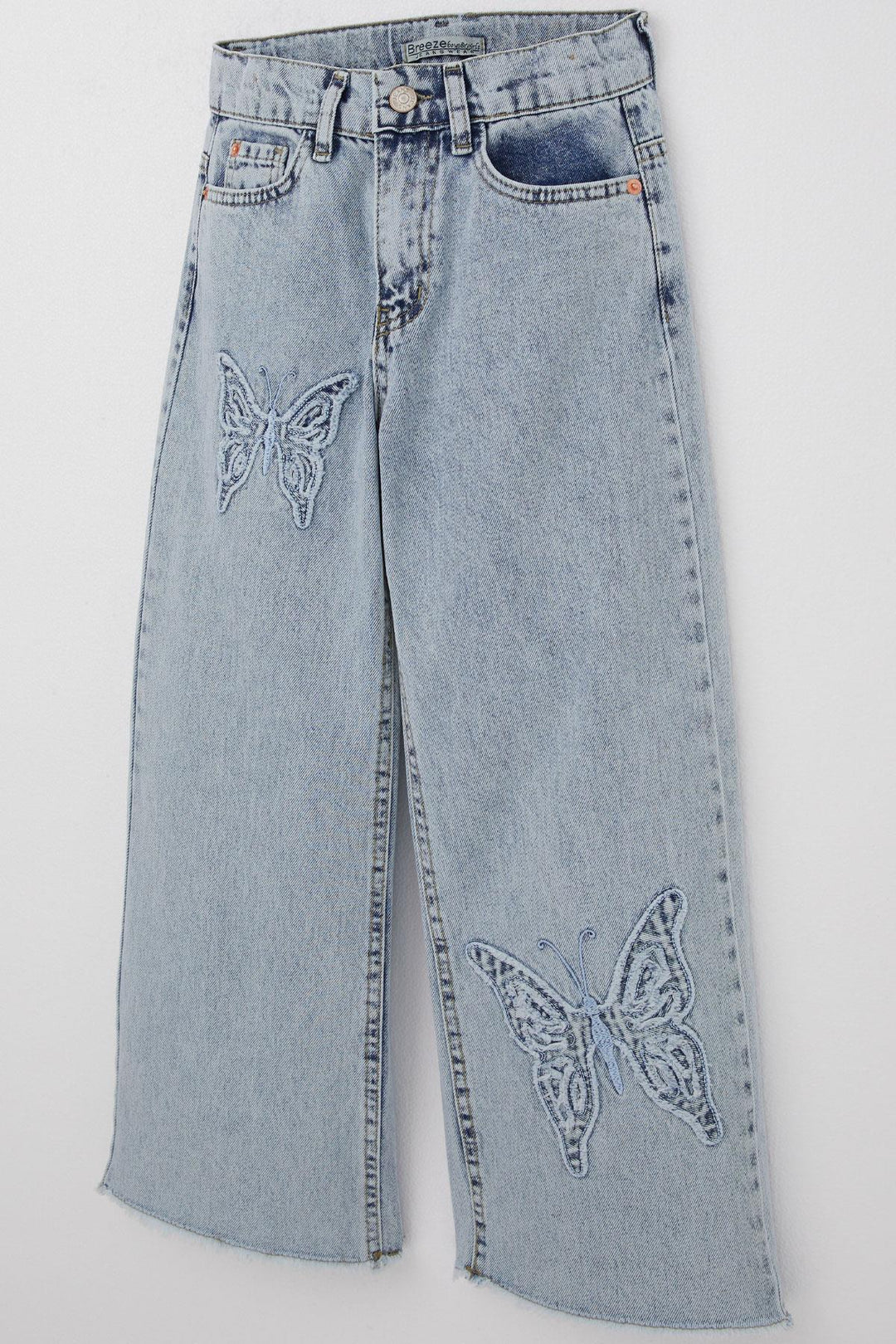 BRE Breeze Girl's Jeans with Butterfly Embroidery and Tasseled Hem, 84 Years, Light Blue - Arlington