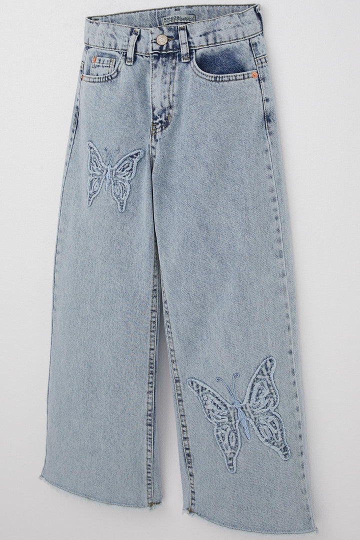 BRE Breeze Girl's Jeans with Butterfly Embroidery and Tasseled Hem, 84 Years, Light Blue - Arlington