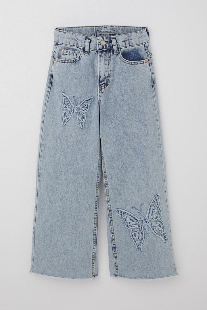 BRE Breeze Girl's Jeans with Butterfly Embroidery and Tasseled Hem, 84 Years, Light Blue - Arlington