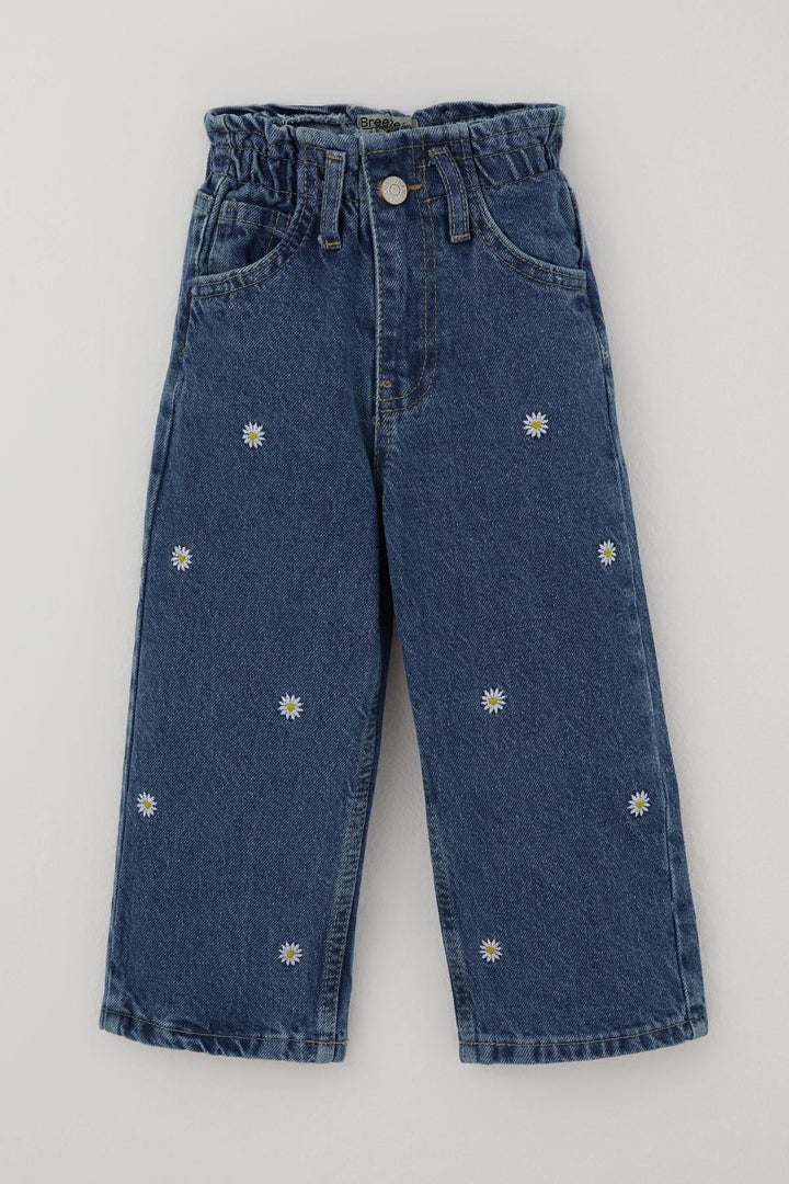 BRE Breeze Kız Çocuk Jean Pantolon Papatya Nakışlı Düğmeli 1.5-5 Yaş, Mavi - Frankston