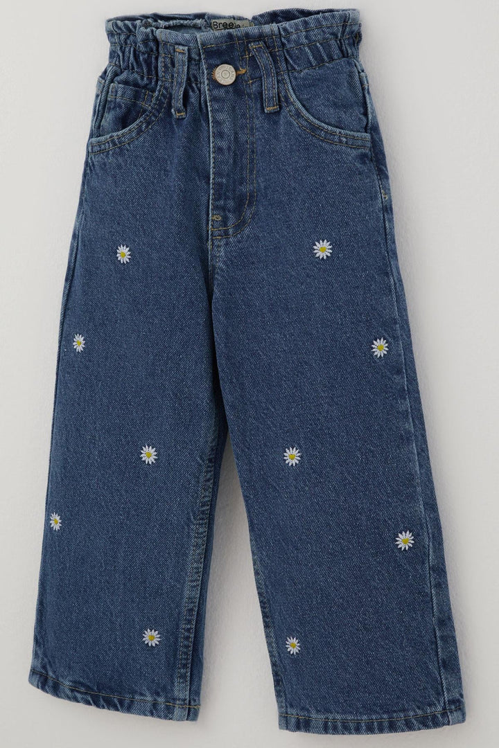 BRE Breeze Kız Çocuk Jean Pantolon Papatya Nakışlı Düğmeli 1.5-5 Yaş, Mavi - Frankston